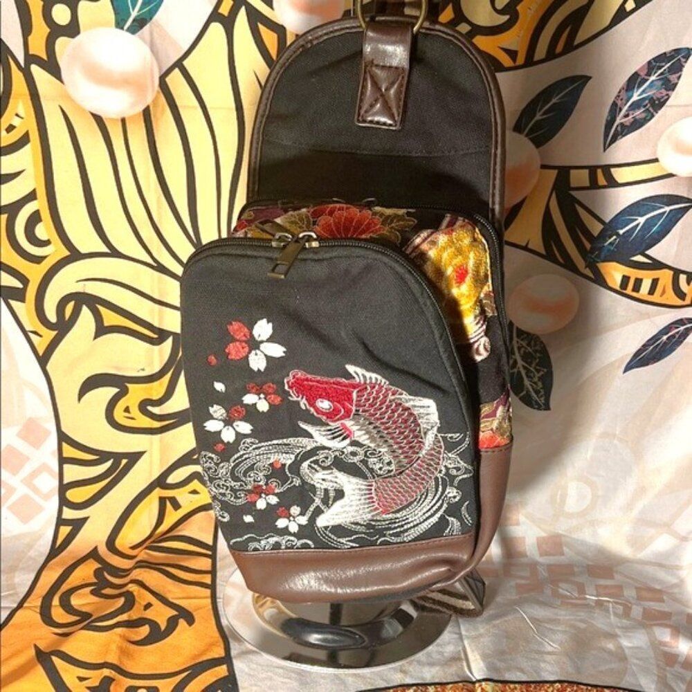 Ripple Japan Unisex Embroidered Sling Bag with  Koi Fish Design